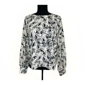 Melloday Ivory Black Long Sleeve Career‎ Blouse Leaves Modest Women's MED